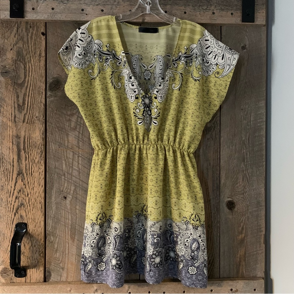 Women’s L WISH Boho Loose Cap Sleeve V Neck Tunic Top Light Airy Summer Pear EXC